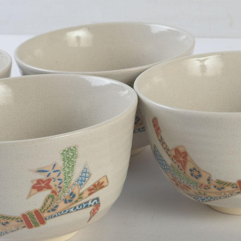 茶道具　京焼　加藤昌山作　色絵金彩　束熨斗文　数茶碗　四客　C　A68