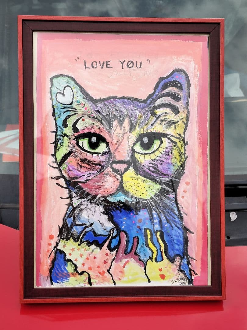 カラフルな猫の絵画「LOVE YOU」(=^・^=)