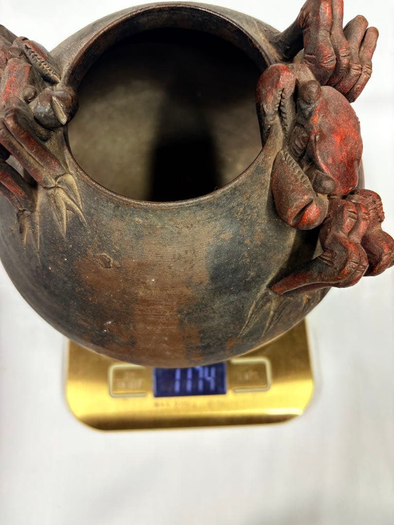 壺 花瓶 花器 壷 時代物 花入 骨董 インテリア 中国美術装飾付き 陶器 蟹