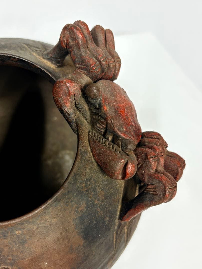 壺 花瓶 花器 壷 時代物 花入 骨董 インテリア 中国美術装飾付き 陶器 蟹