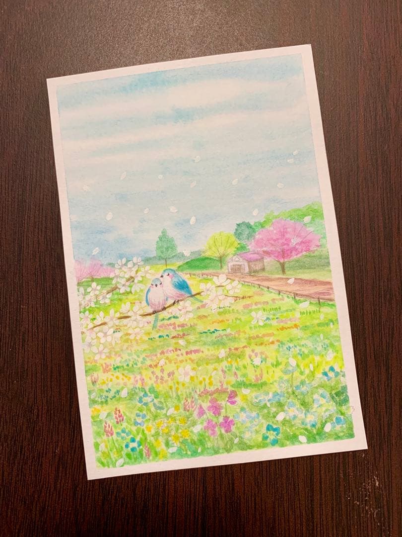 水彩画　野原の春　値段は※900円です
