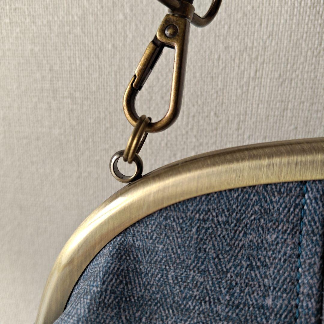 がま口バッグ 黒レザーとデニム風レザーのコンビ　切り替え　ハンドメイド