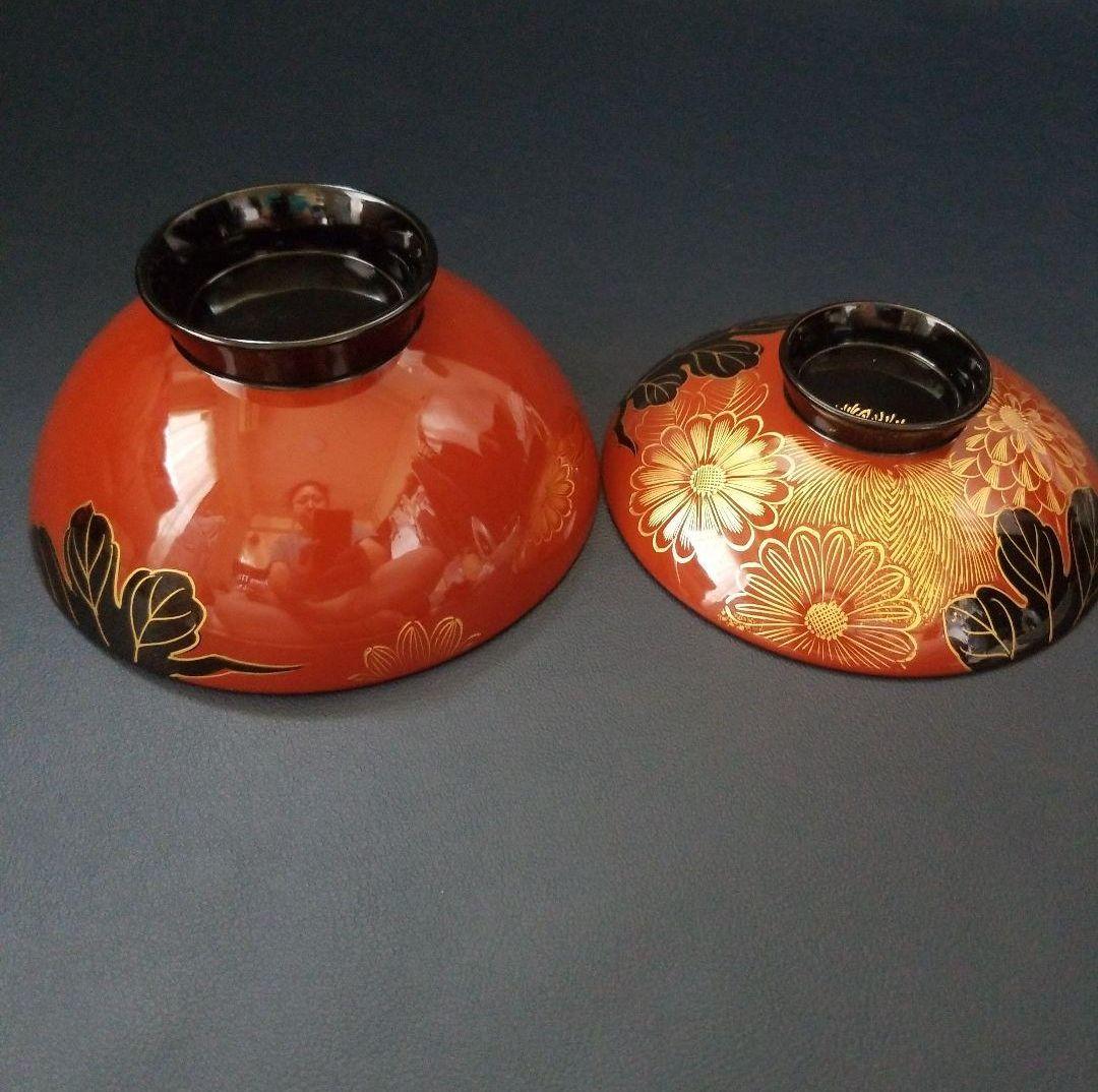 極美品 輪島塗 木製 吸物椀2客 朱漆内黒 沈金菊花文 煮物椀