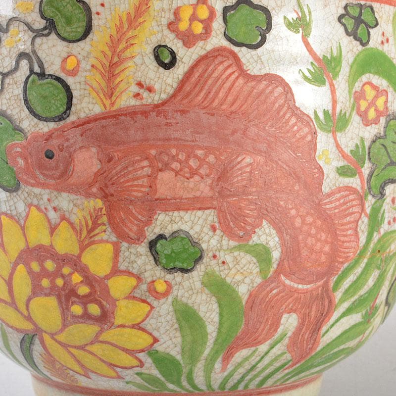 中国　呉須赤絵　蓮花魚藻文　蓋罐　C　R5541
