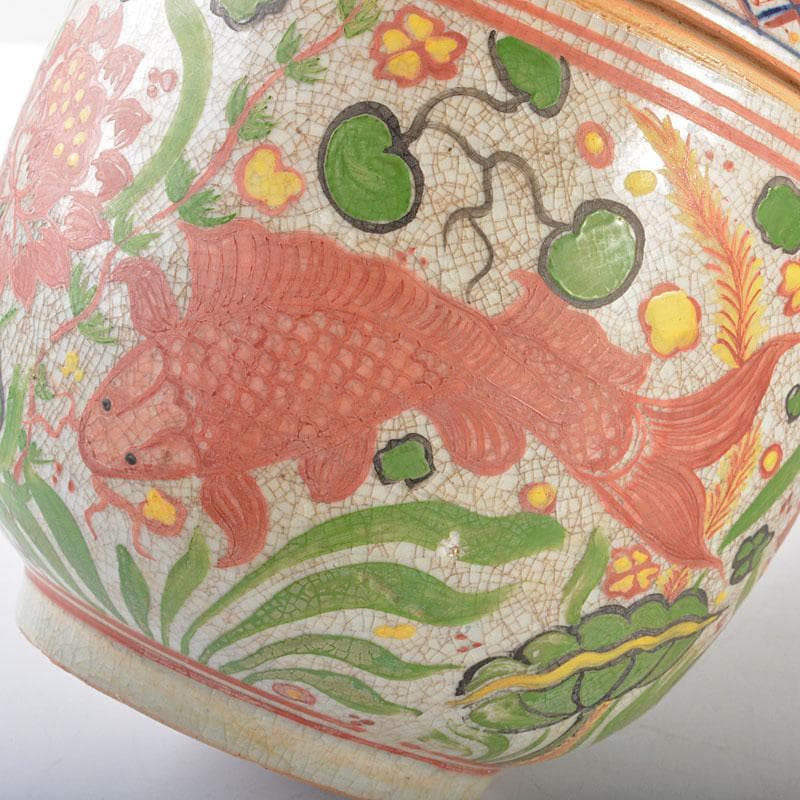 中国　呉須赤絵　蓮花魚藻文　蓋罐　C　R5541