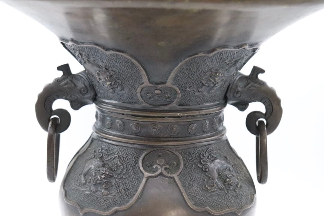唐銅　大日本文政年整珉鋳　象耳獅子彫　花器　4.4kg 送料込み0131