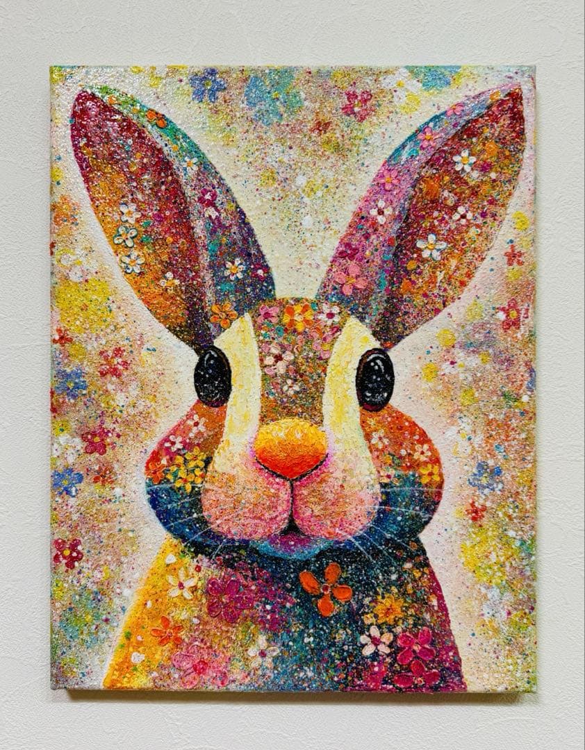 原画　うさぎ画 アクリル絵画【 おひさまの はなうさぎ 】