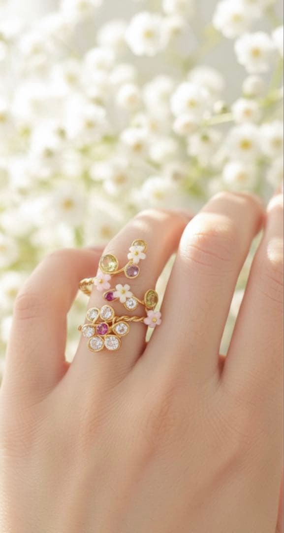 桜ページです♪ フラワーモチーフ ハンドメイドリング　13号位まで調節可能