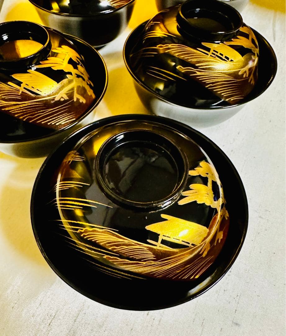 輪島塗木製　お椀　吸物椀　本金　骨董　時代蒔絵 ５脚 G56