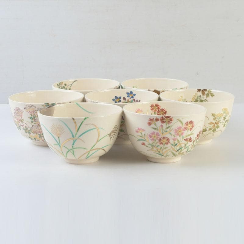 茶道具　富永玄山作　秋七草絵　数茶碗　七客　共布共箱　F　9964A