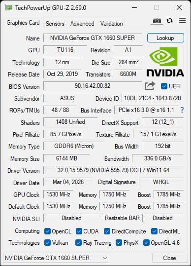 ASUS GeForce GTX1660 super 6GB 動作確認済