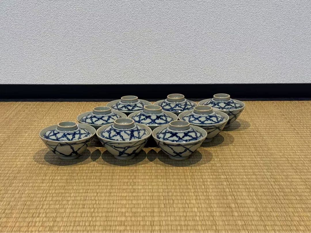 犬山焼 染付 蓋茶碗 9客 箱付