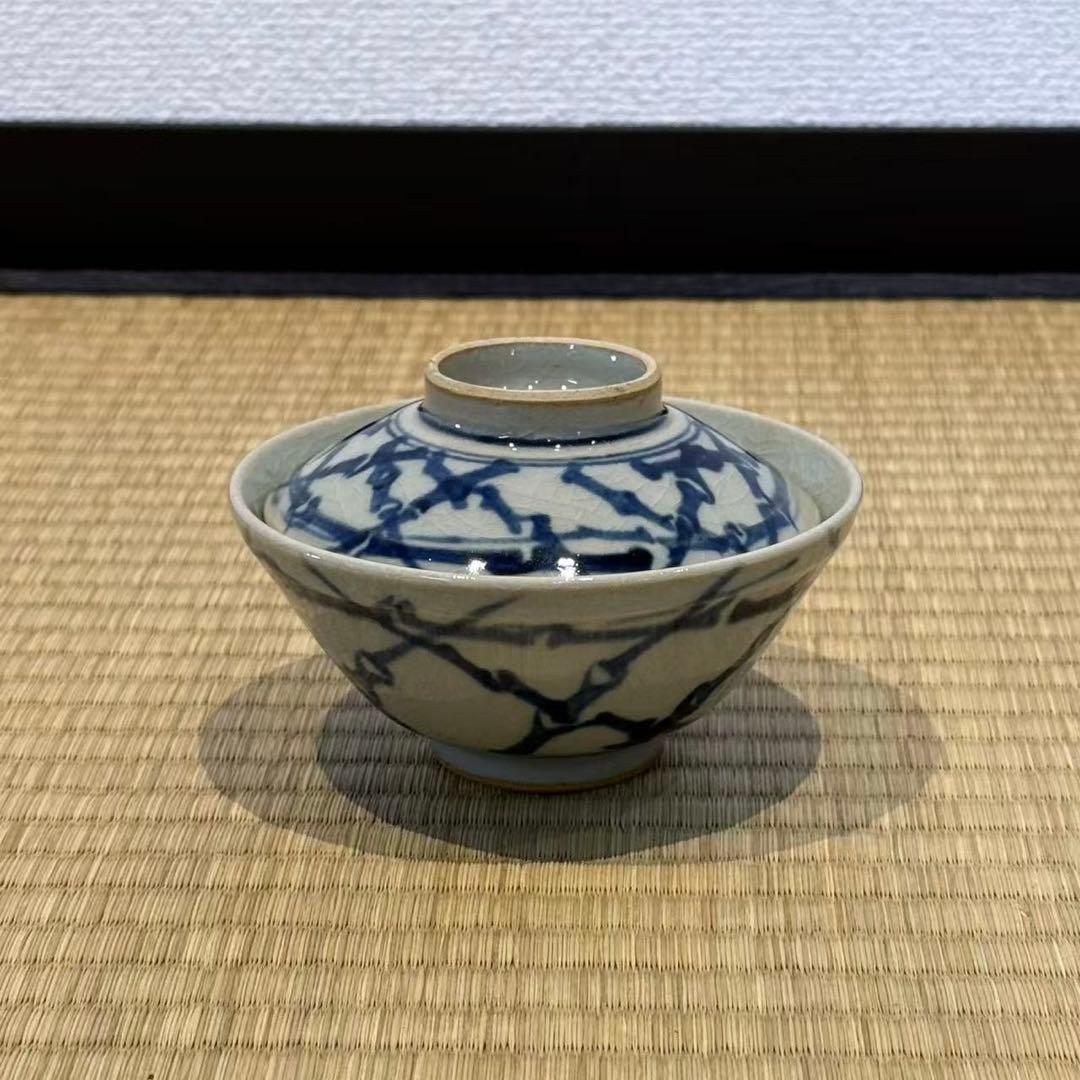 犬山焼 染付 蓋茶碗 9客 箱付