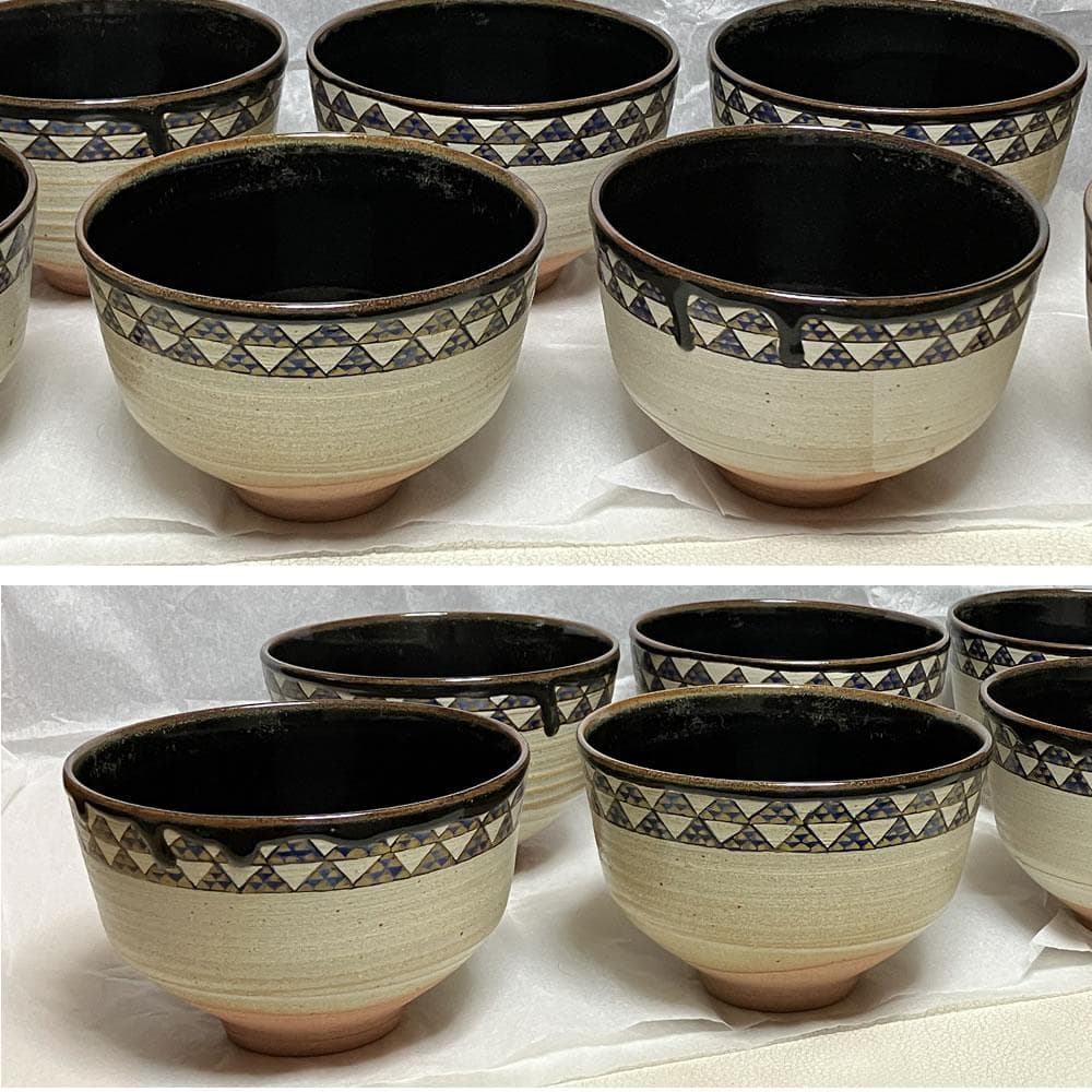 F1350 平安 松峰 鱗 数茶碗 8客 共箱 抹茶碗 茶道具