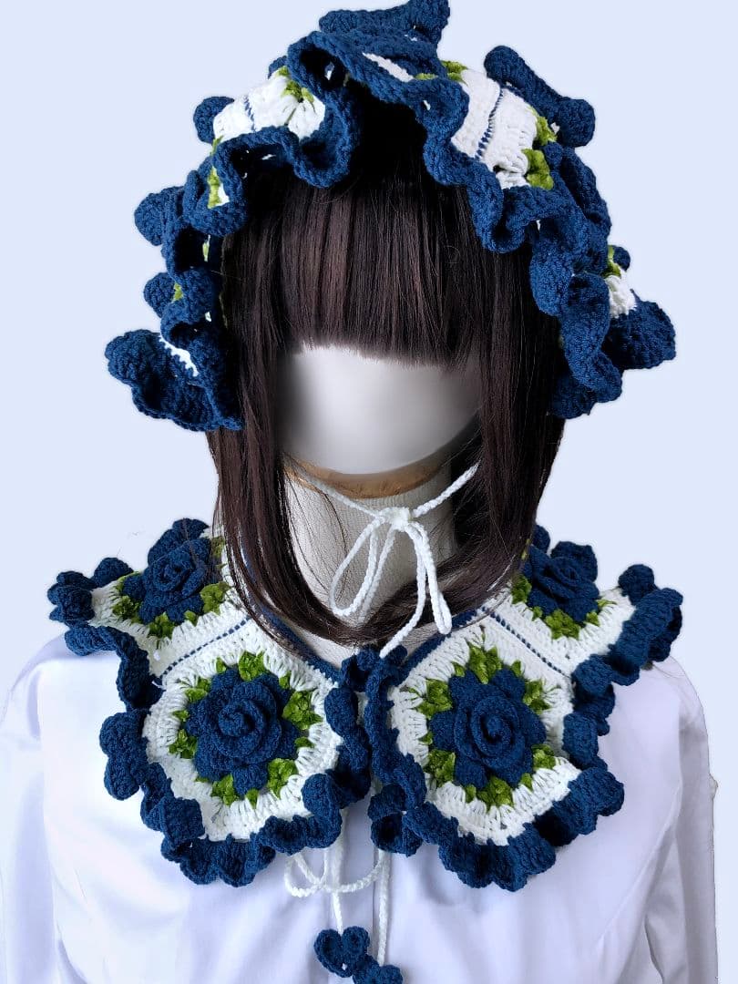 薔薇モチーフヘッドドレス&つけ襟・ネイビー2点セット