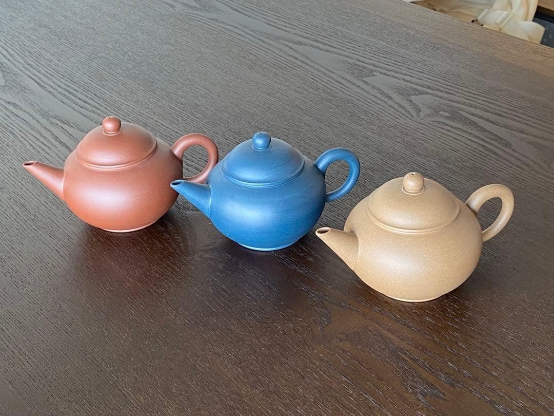 中国宜興紫砂茶壺中国古玩　希少品　周健栄作家作品　煎茶茶道具水平急須3色セット