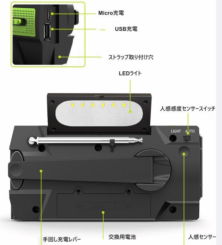多機能　防災ラジオ　ソーラー充電付き　ライト付き　手動充電可能　万が一の災害時に