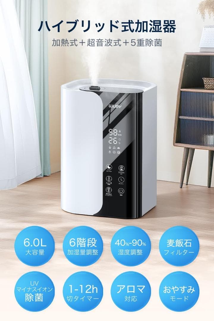 加湿器 大容量 6L 【2025年新モデル・5重除菌・加熱式】 超音波式 加湿器