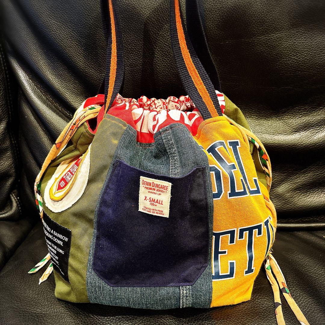 ハンドメイド 巾着 トートバッグ ビンテージ缶バッジ付き♡♡DD