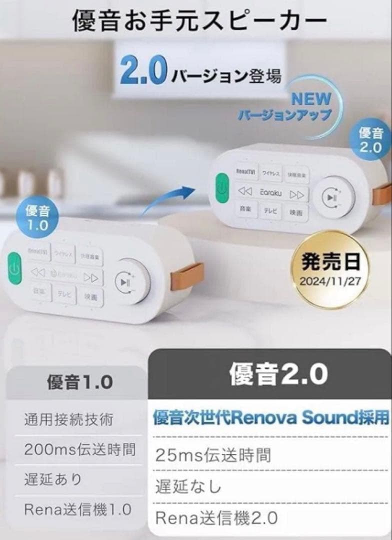 【新品】 手元スピーカー テレビ用 ゼロ遅延版 3in1 優音 3つの接続