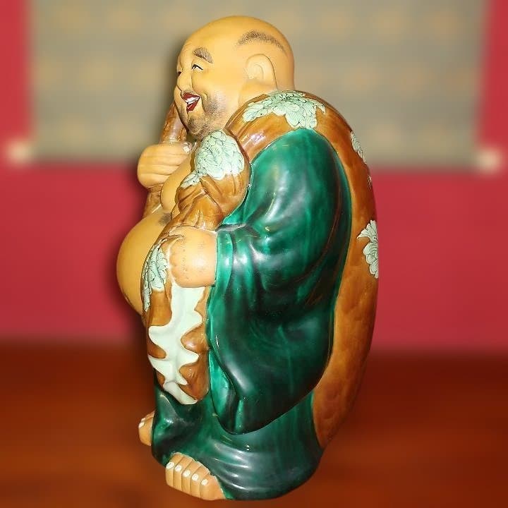 縁起置物 商売繁盛　九谷焼　大型16号布袋　交趾　糠川清章作　展示品