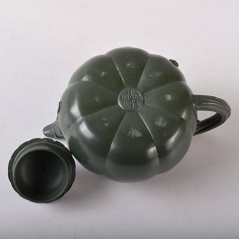 中国美術　紫砂　緑泥　南瓜急須　茶壷　在銘　古玩　V　R8237