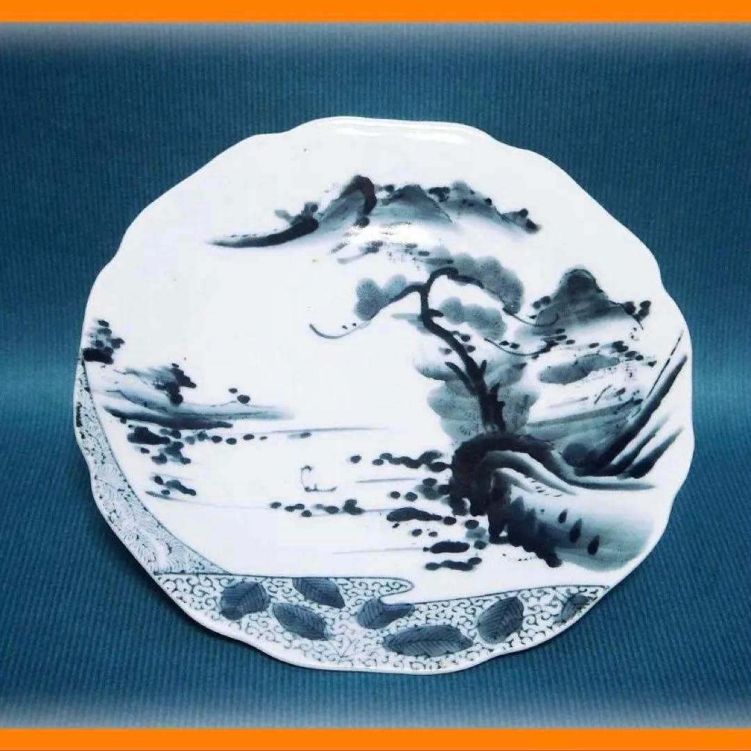 371『染付 山水 輪花皿』　/骨董品 古美術 アンティーク 古玩