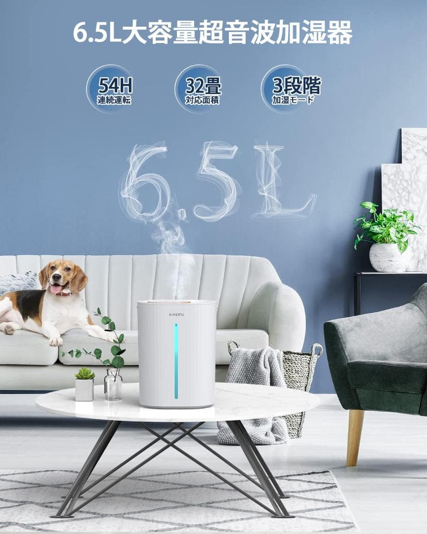 加湿器 65L 次亜塩素酸水対応 超音波式 卓上 加湿量最大300mlh