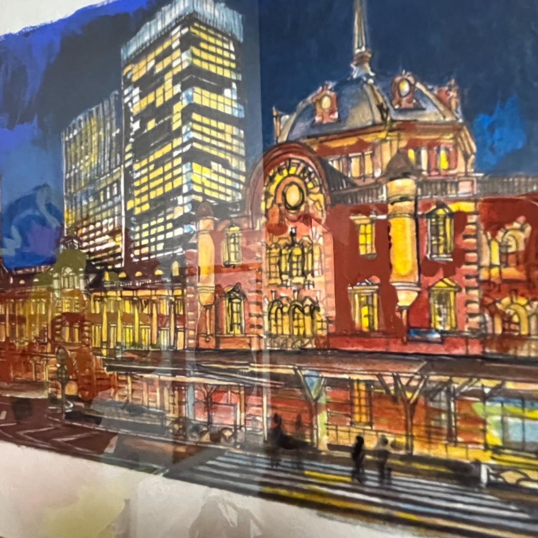 東京駅の夜景 アクリル画（木枠入り）