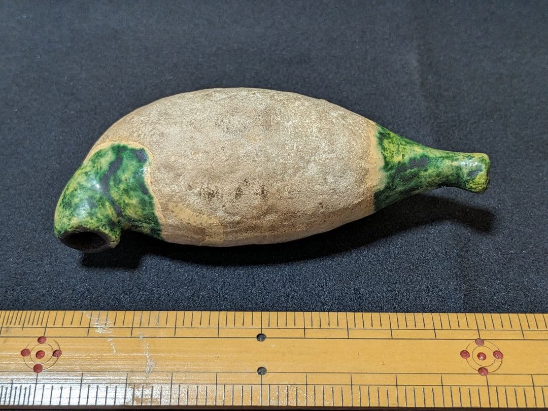 陶製ラトル パイプ オブジェ 音鳴り 民藝 緑釉 工芸品