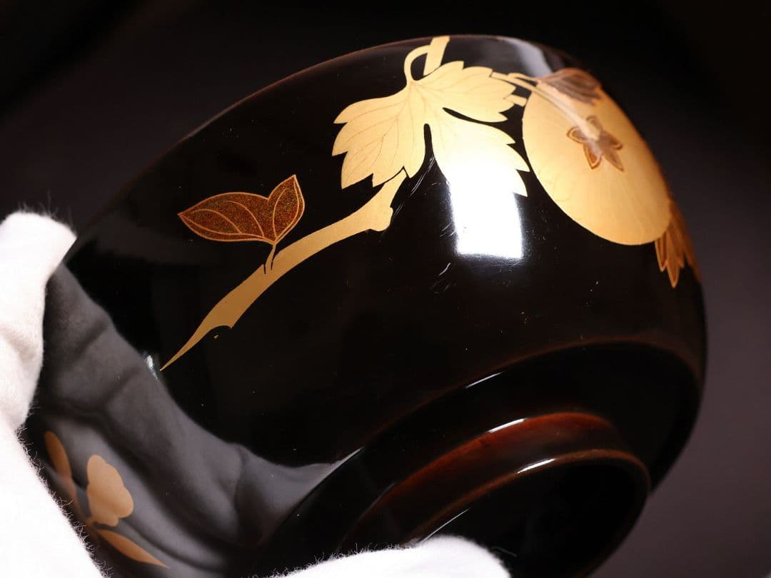 【CM455】天然木漆塗 丸菊金蒔絵 黒塗椀 二客 大正昭和 梨地 木製漆器