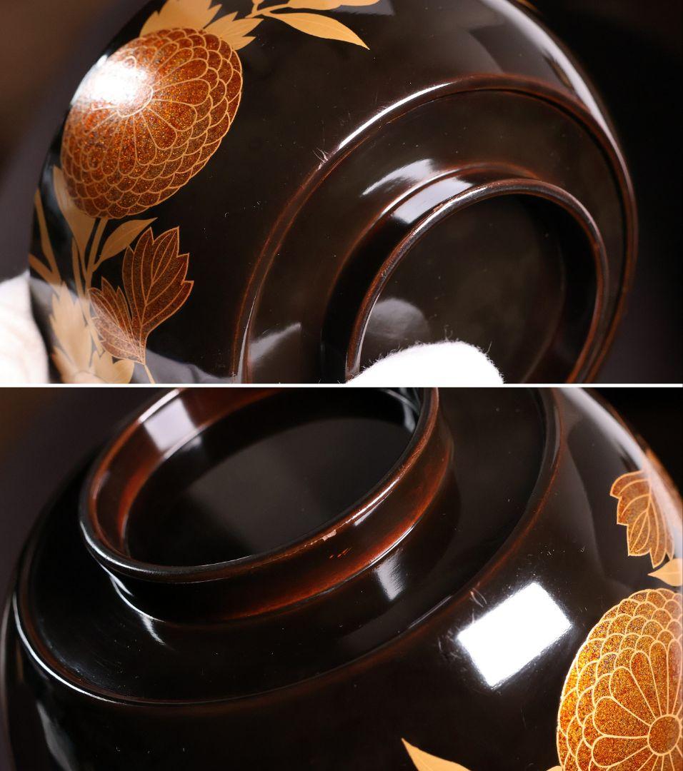 【CM455】天然木漆塗 丸菊金蒔絵 黒塗椀 二客 大正昭和 梨地 木製漆器