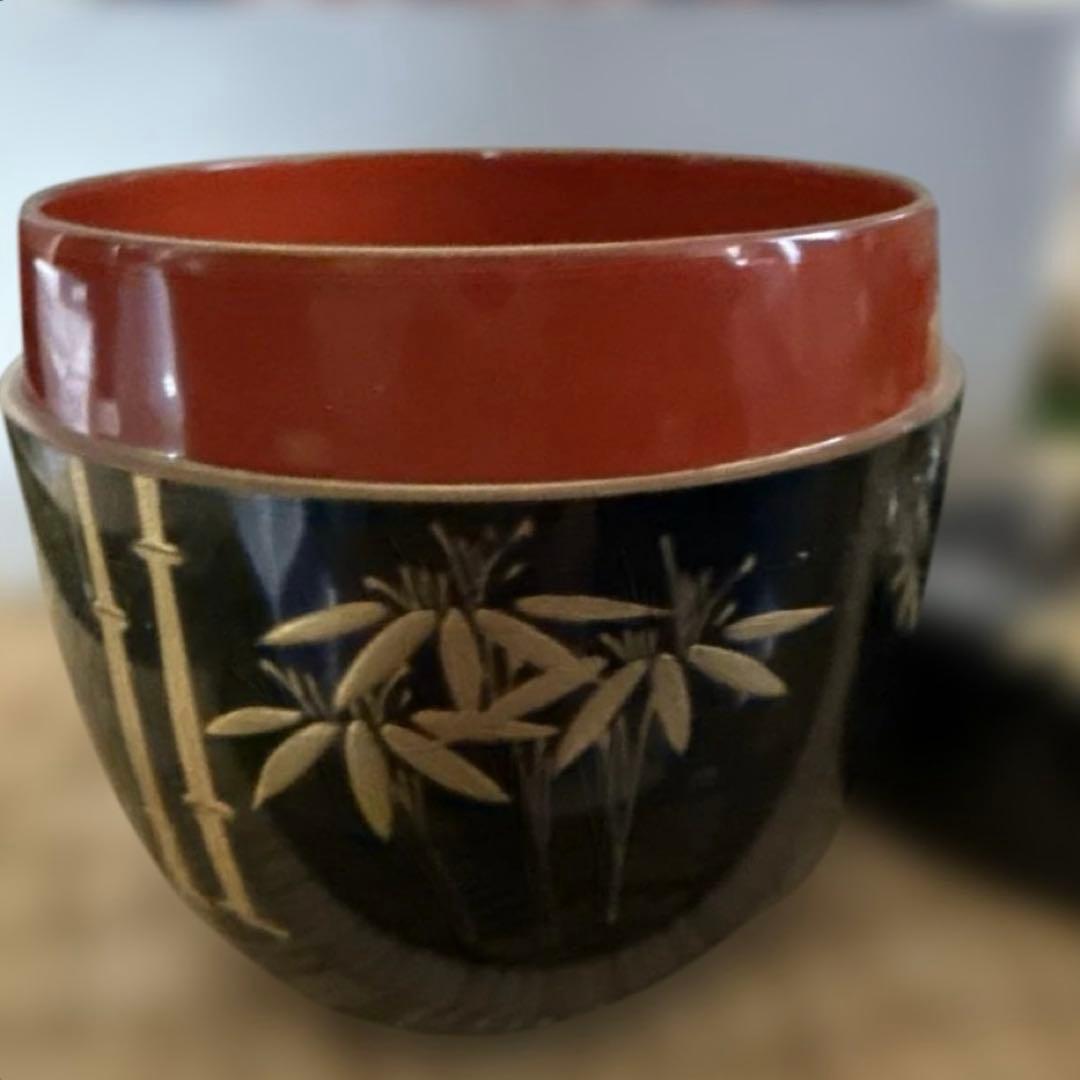 黒切合口【友治蒔絵】縁金、内朱の利休型中棗　紙箱