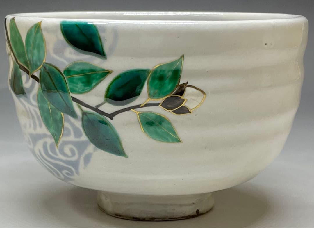 福森遊　流水椿絵　茶碗　狐森窯　四方桟共箱　共布　栞　n8104