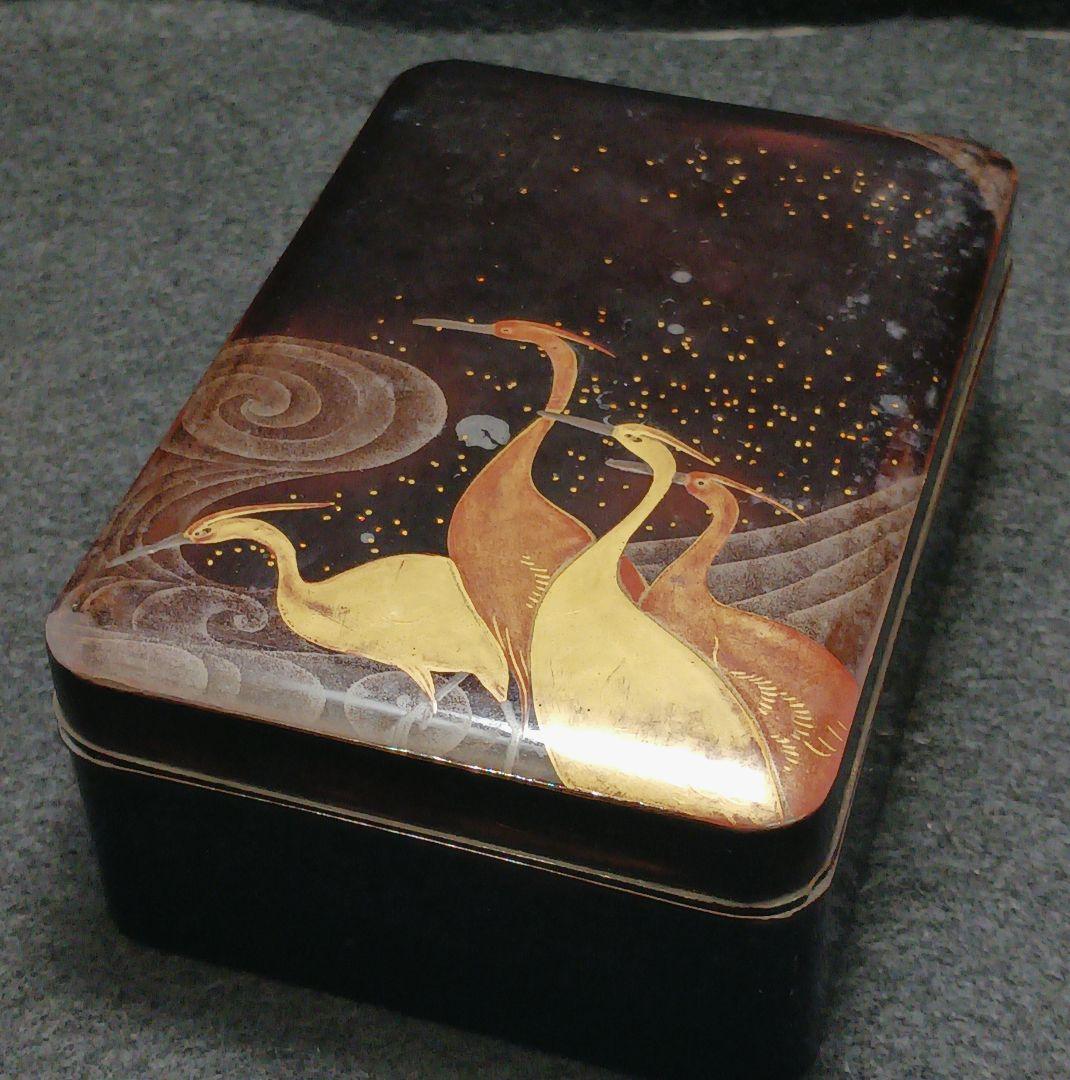 Y3113-1 漆器 漆塗り 金蒔絵 鶴図 文箱 14㎝ 時代物　PP