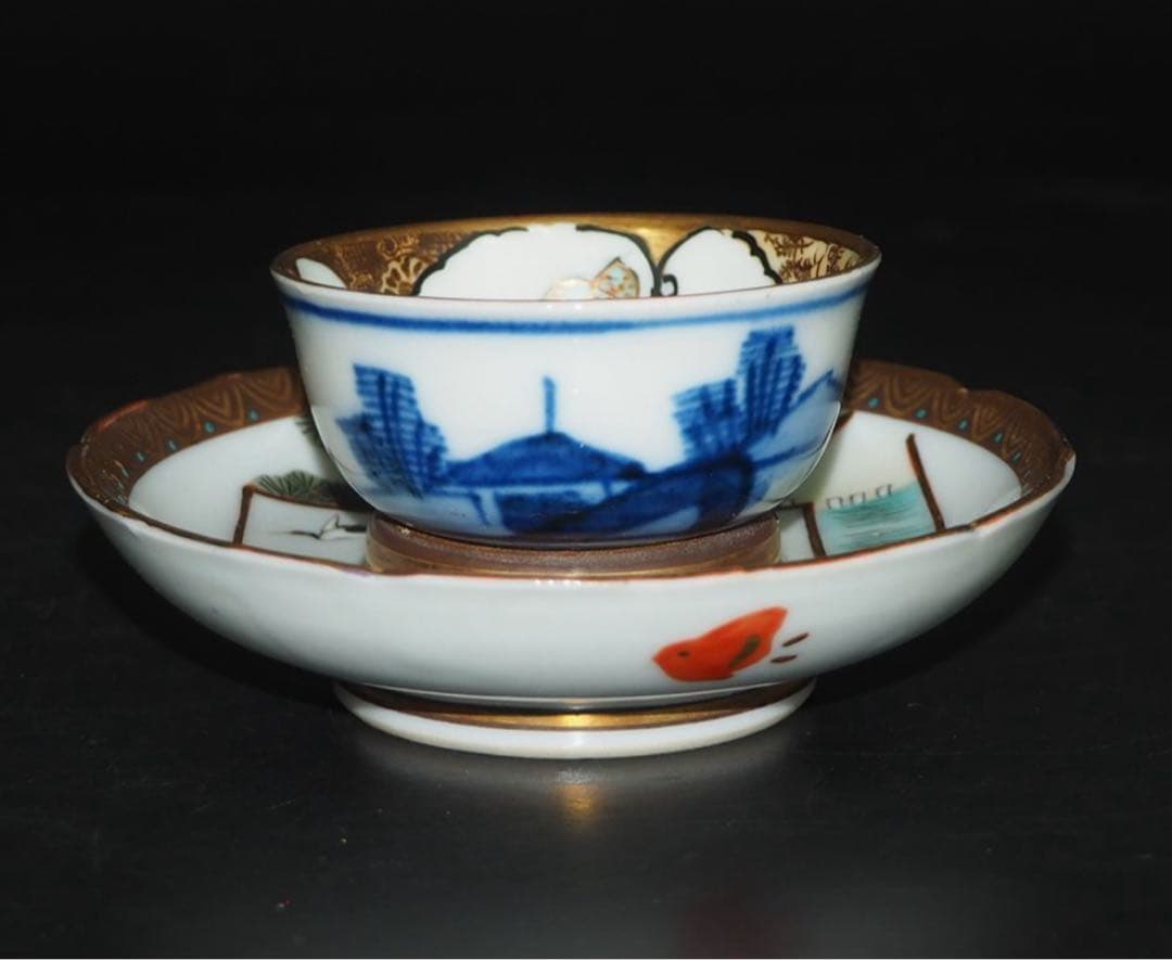 送料無料　大正～昭和初期九谷焼　本金使用　煎茶碗/ぐい呑み台付　極上品　①