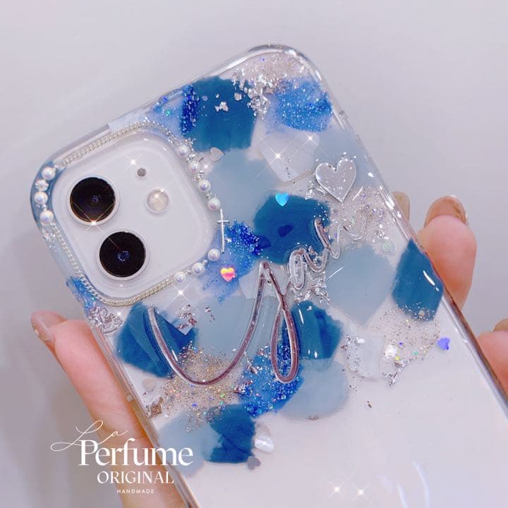 名入れ♡ニュアンスアートペイント✨キラキラフレーク パール⭐︎スマホケース ブルー