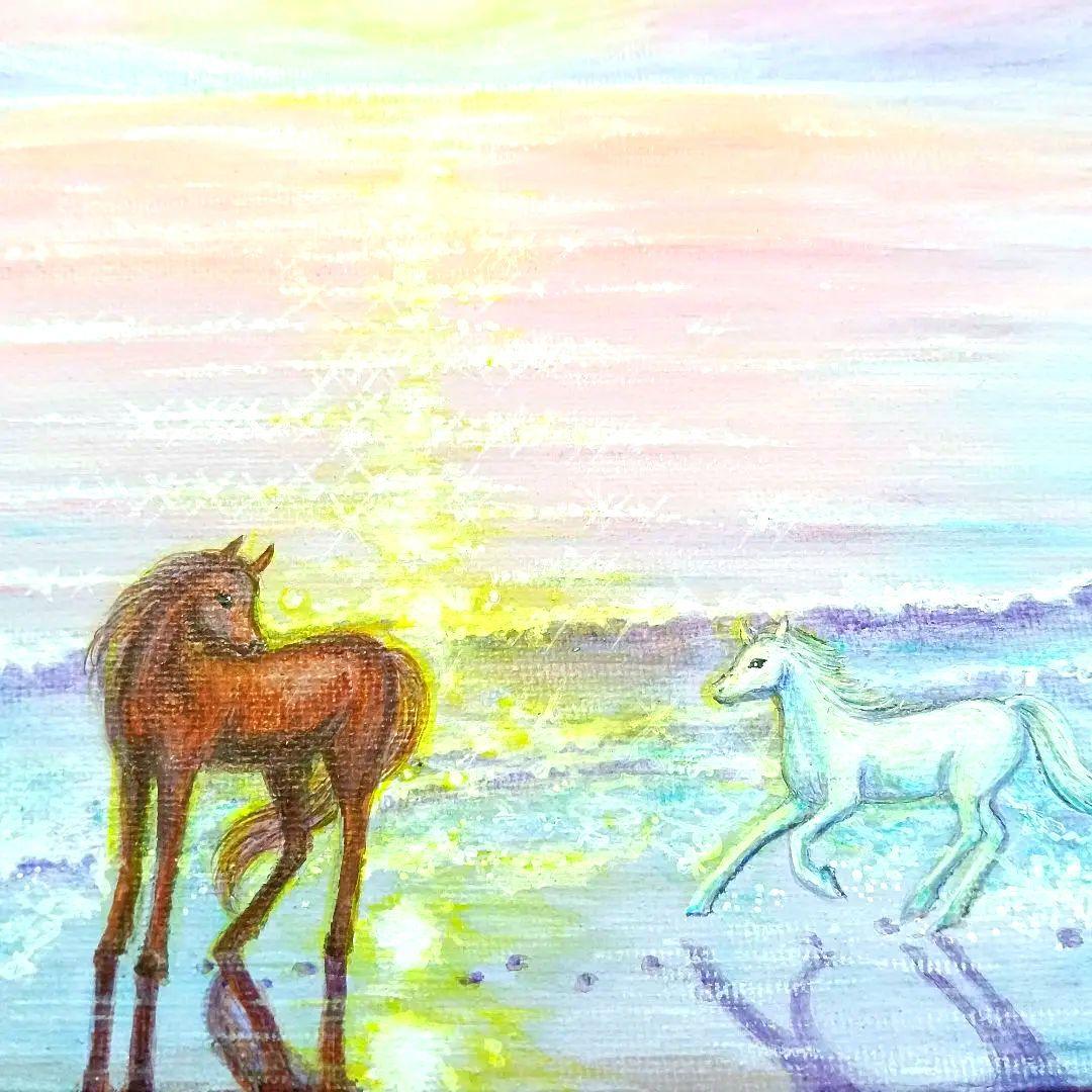 No.560 F3　浜辺の馬　アクリル画　原画　干支　午年　開運絵画