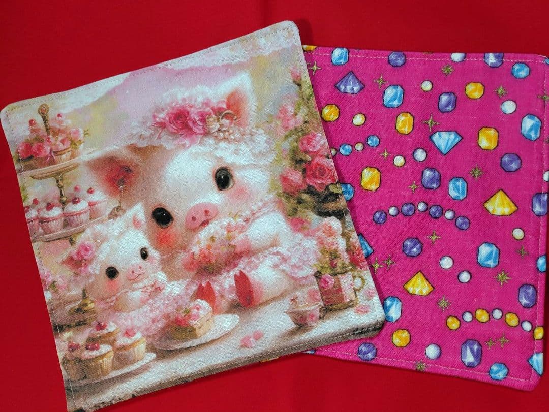 ピンク♡ブタちゃんパネル四重ガーゼハンカチ1ハンドメイド→枚400