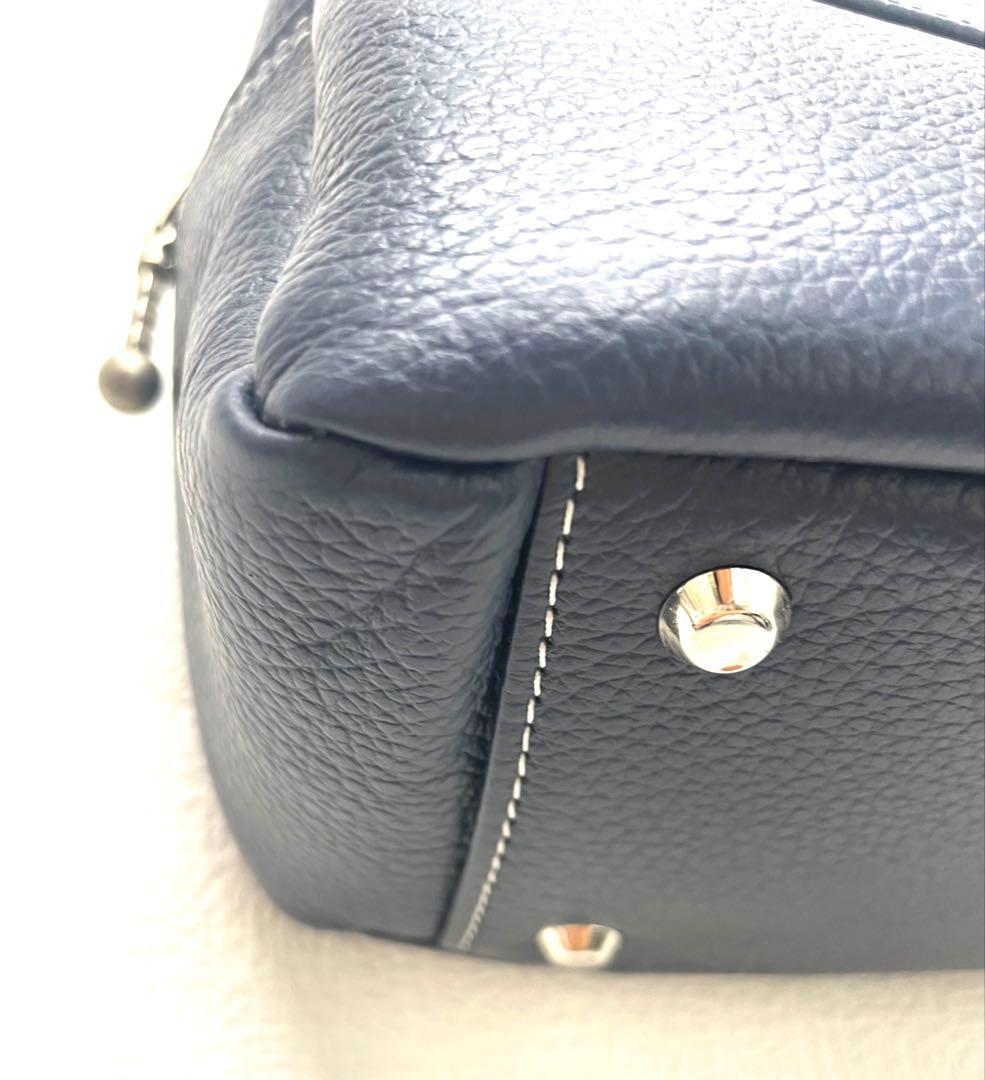 美品 ハマノ HAMANO ハンドバッグ ボストンバッグ 濱野皮革工藝 ネイビー