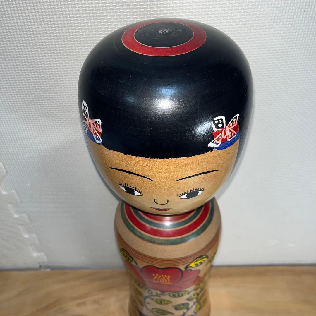 伝統こけし　木地山こけし　⭕️超レアなロクロ線椿花模様50cm超　名工　小椋久太郎