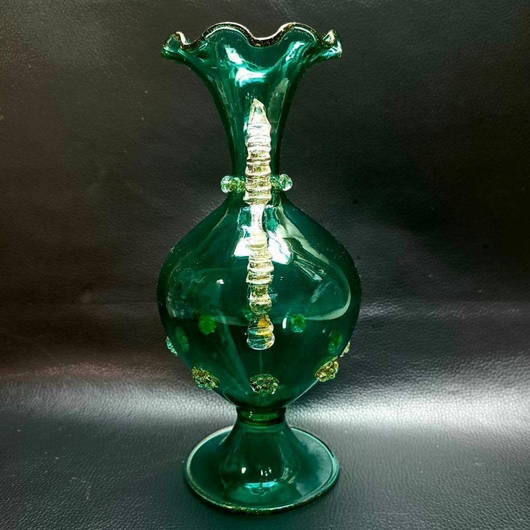 MURANO ムラノ 金彩 双耳 グリーン 花器 オブジェ