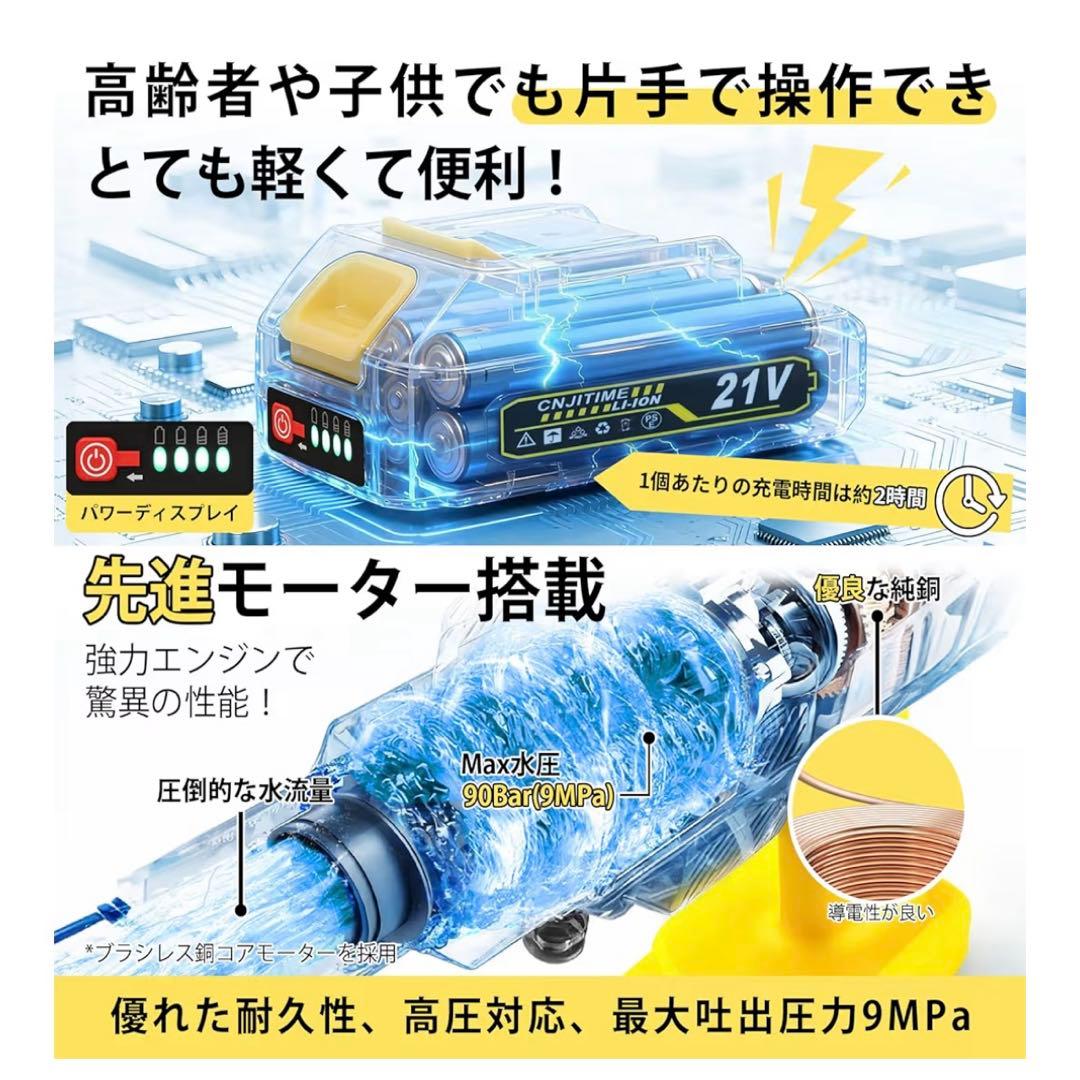 コードレス高圧洗浄機　充電式 9MPa 軽量660g バッテリー2個付 洗車