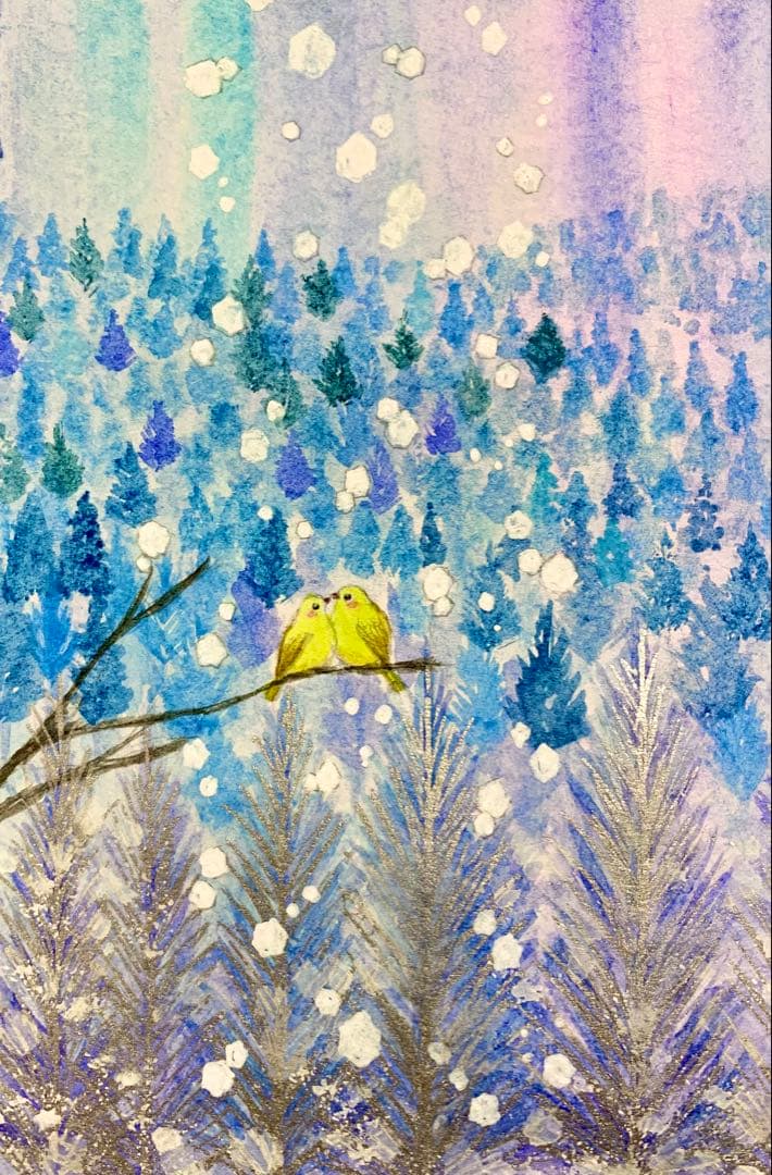 momorin冬の風景 水彩画 凍る木々と小鳥　値段は※900円です