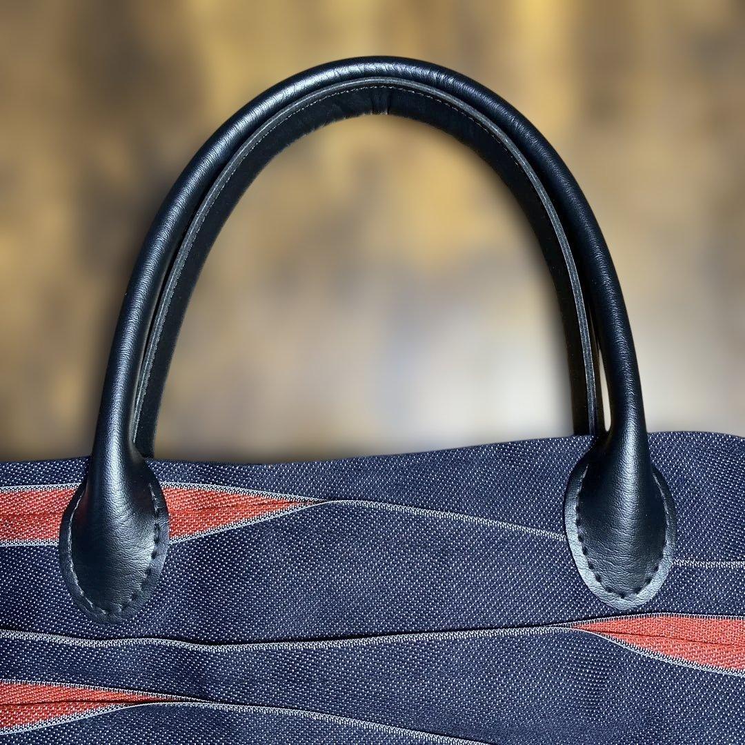 畳縁製ハンドメイド ネイビーと赤のストライプ トートバッグ
