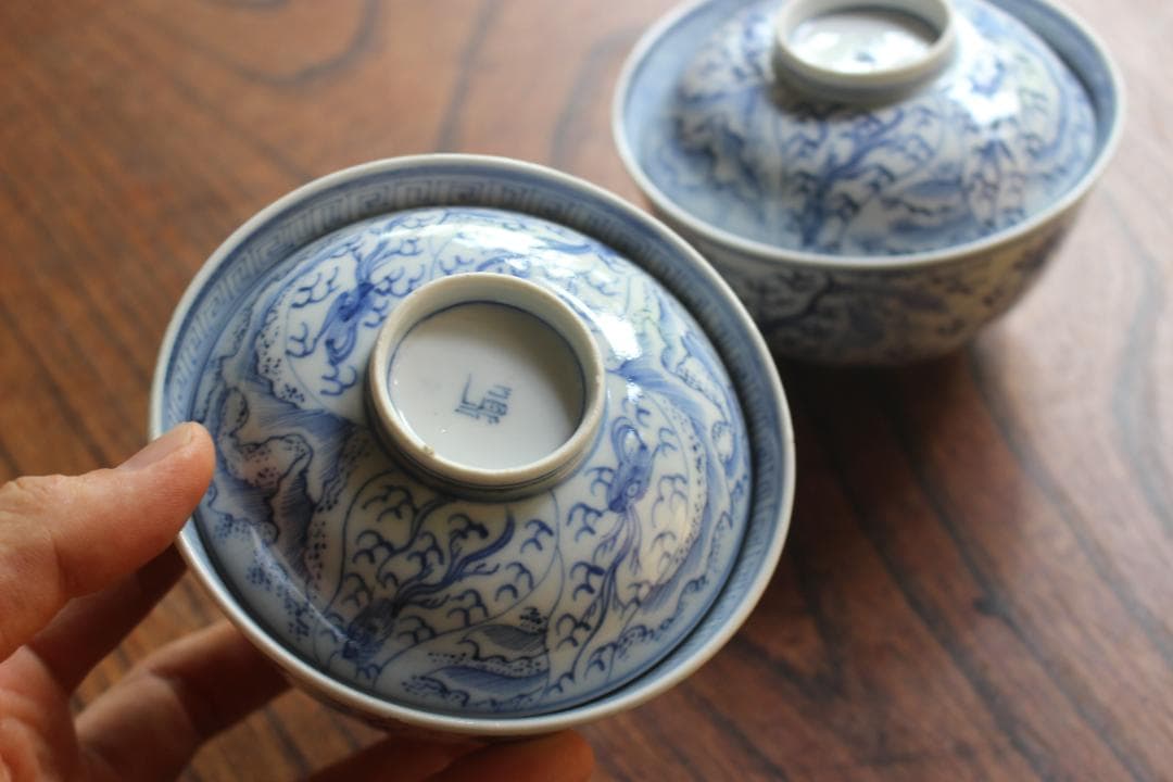 時代逸品！品のある白釉肌に極上龍染付文の映えるお碗2点（検伊万里新渡肥前