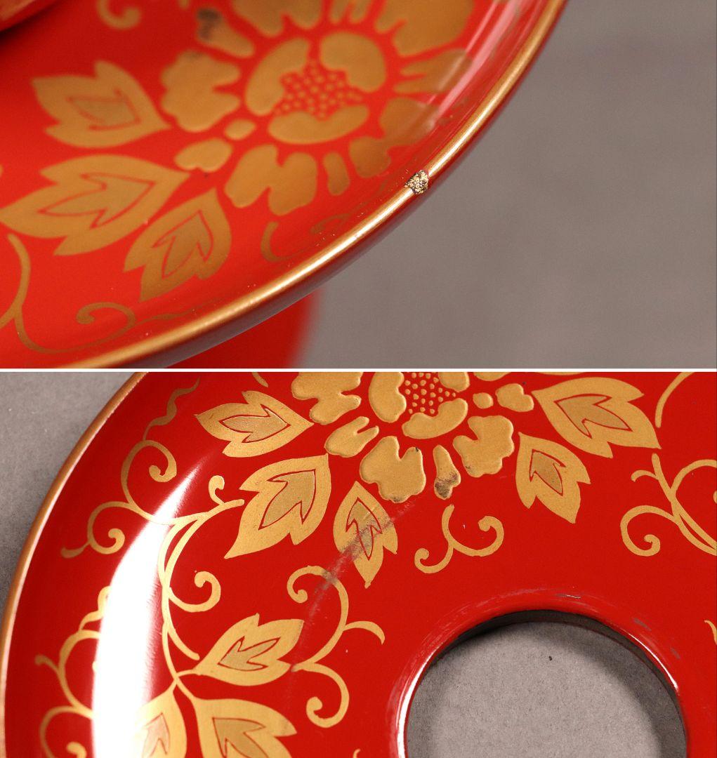 M422 時代漆芸 花唐草金蒔絵朱塗茶臺一対 九谷木米赤絵茶器 木箱 /木製茶台
