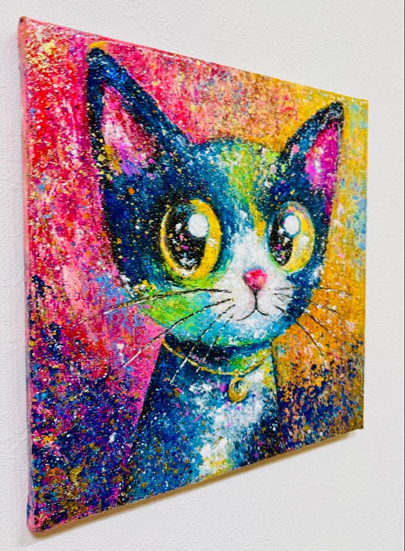 原画　猫画 オイルパステル絵画【 願いを託す月猫 】