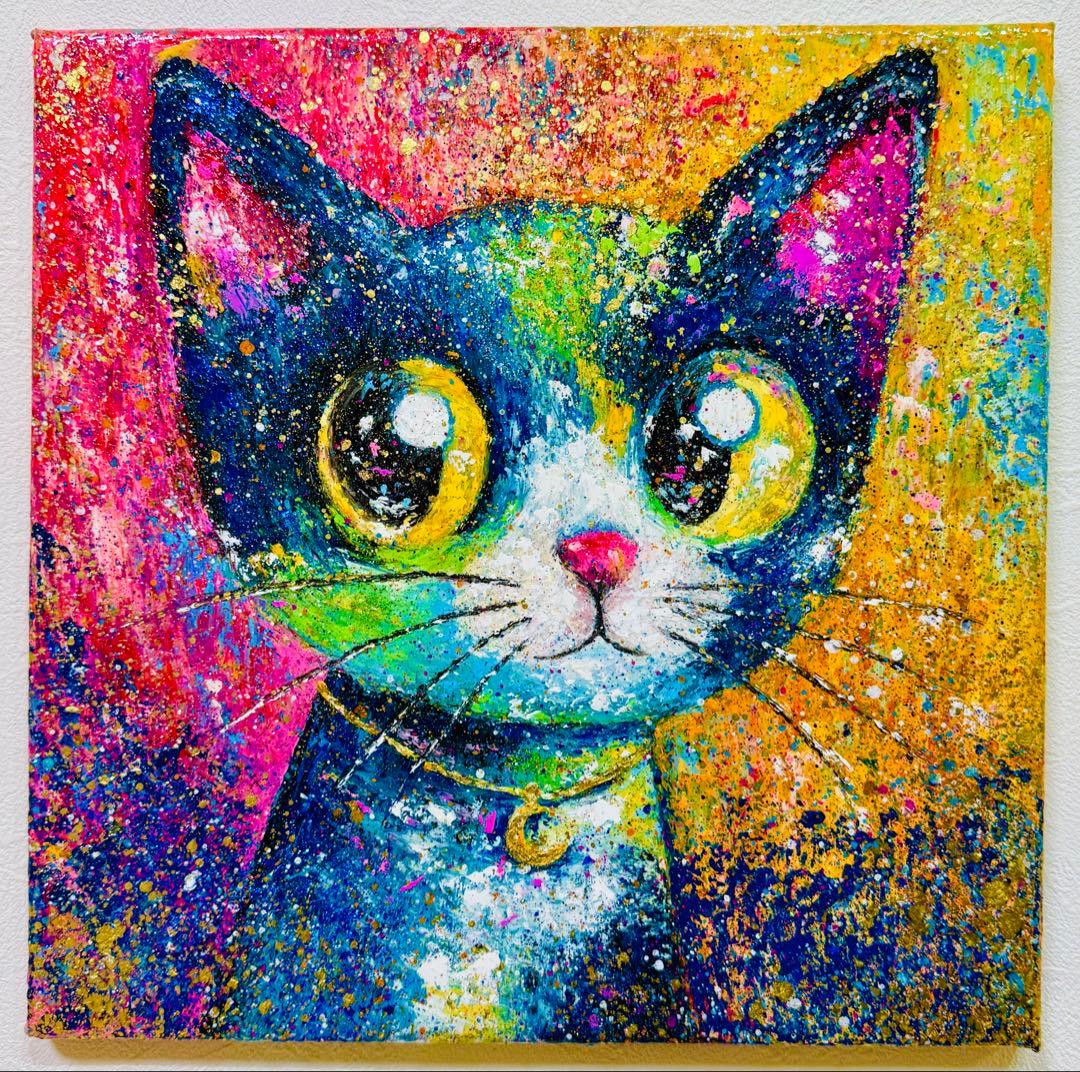 原画　猫画 オイルパステル絵画【 願いを託す月猫 】