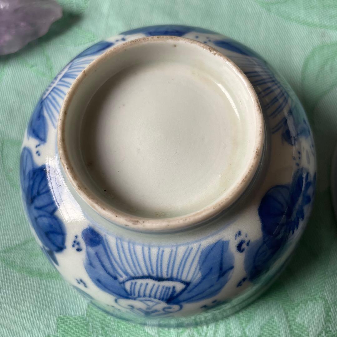 江戸末期　時代染付 煎茶碗　 雷紋に草花文様 手のひらサイズの骨董　四客揃え
